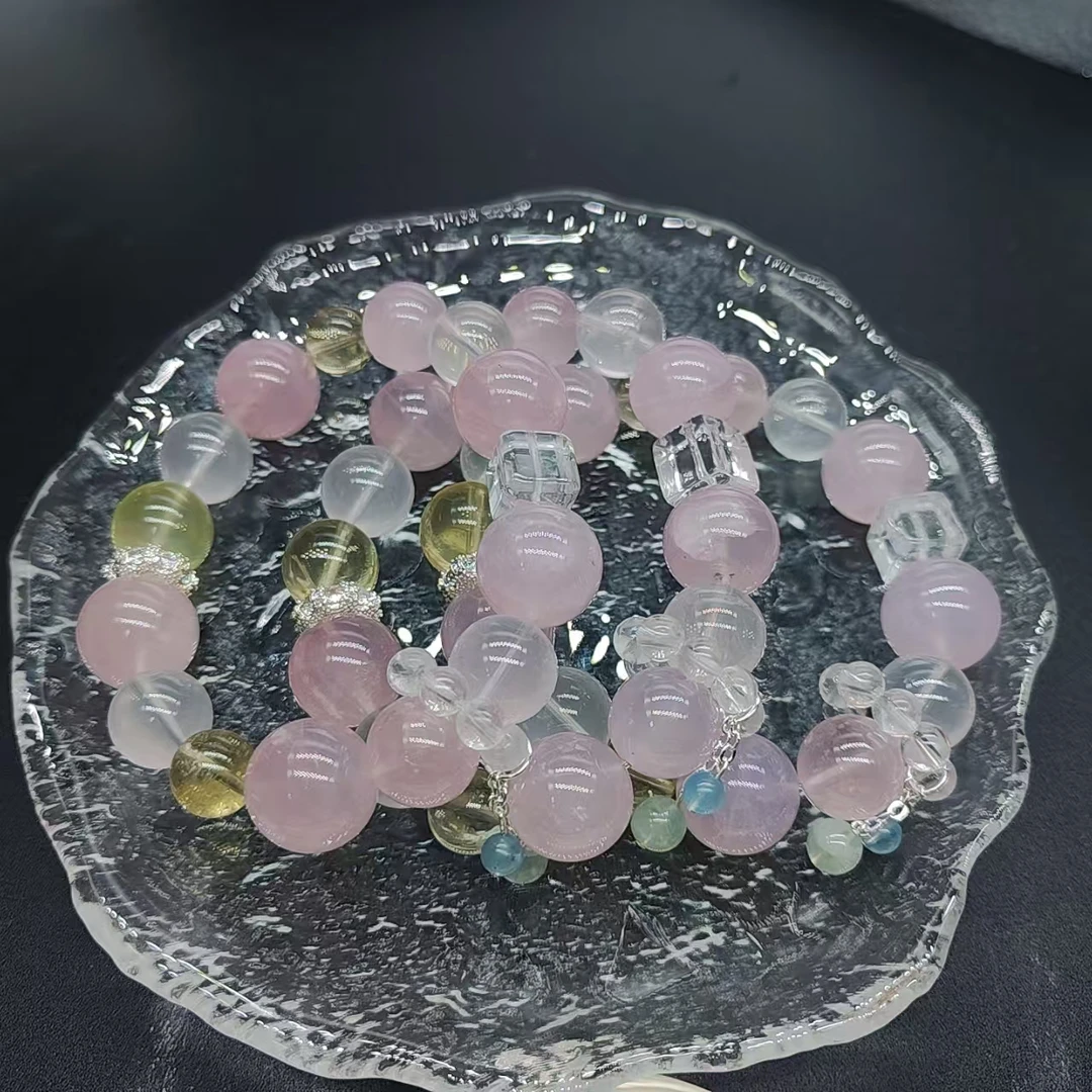 硕夏天然粉水晶15-16mm+黄水晶设计款手链多样性发其一SX0601