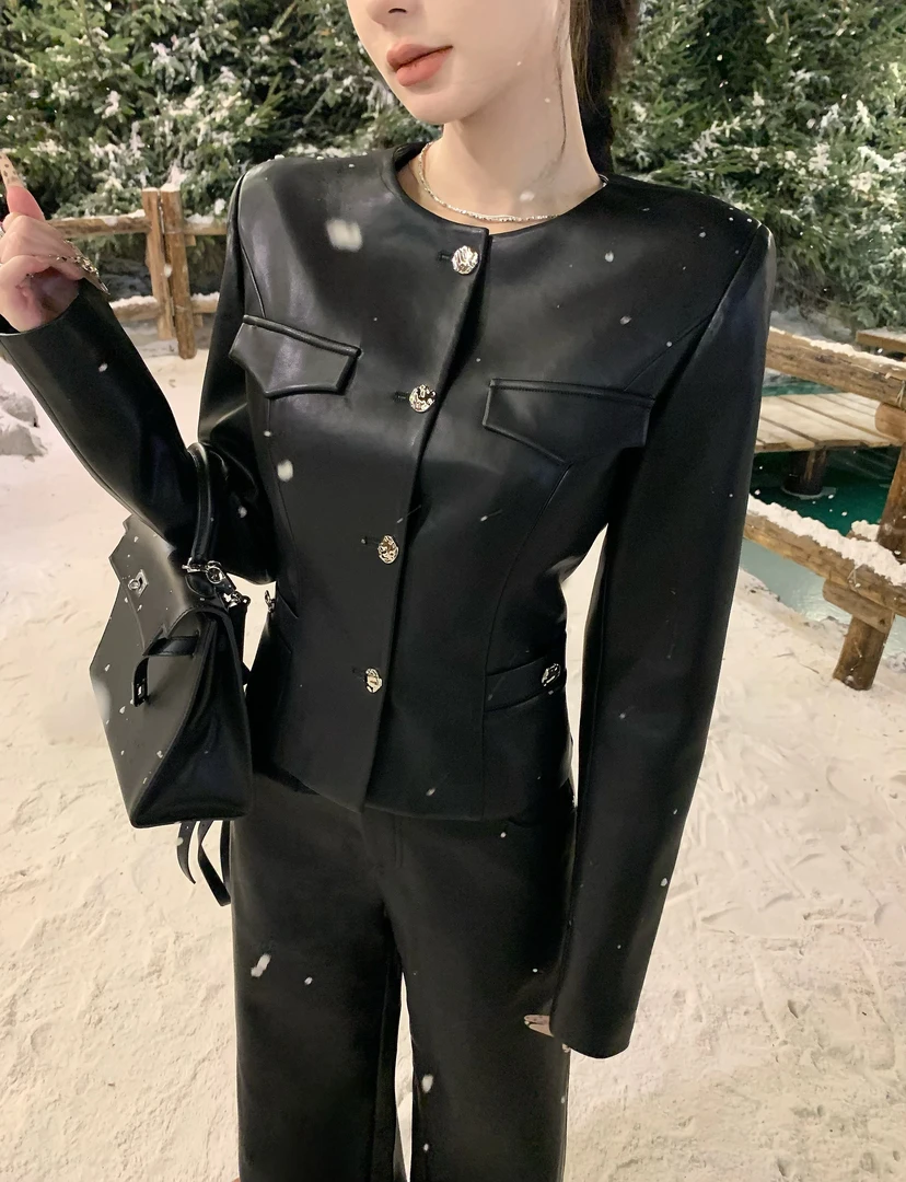 Cz纯子黑皮小香风质感银扣短皮衣外套修身显瘦质感pu皮西装上衣