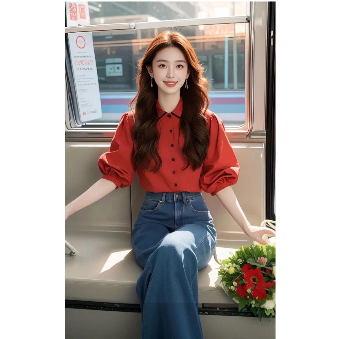 【bing】法式轻熟polo领红色泡泡长袖衬衫女秋冬独特超好看绝美上衣