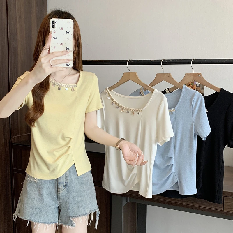 2025夏装新款胖mm大码女时尚斜领贝壳流苏不规则短袖T恤
