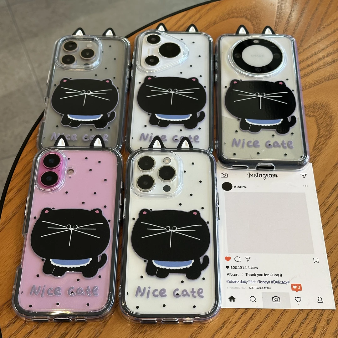 欧克里里大脸猫咪黑白耳朵适用苹果16撞色手机壳华为vivo小米oppo