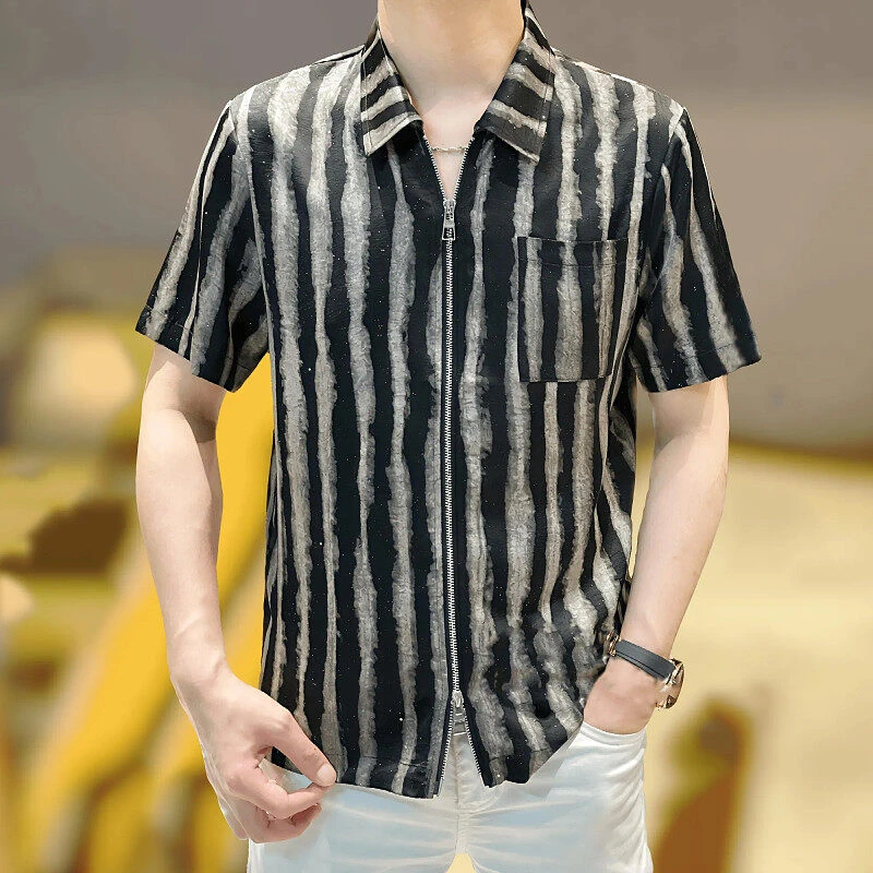 萨尔布勒斯男士薄款透气拉链开衫短袖衬衫夏季时尚条纹印花上衣