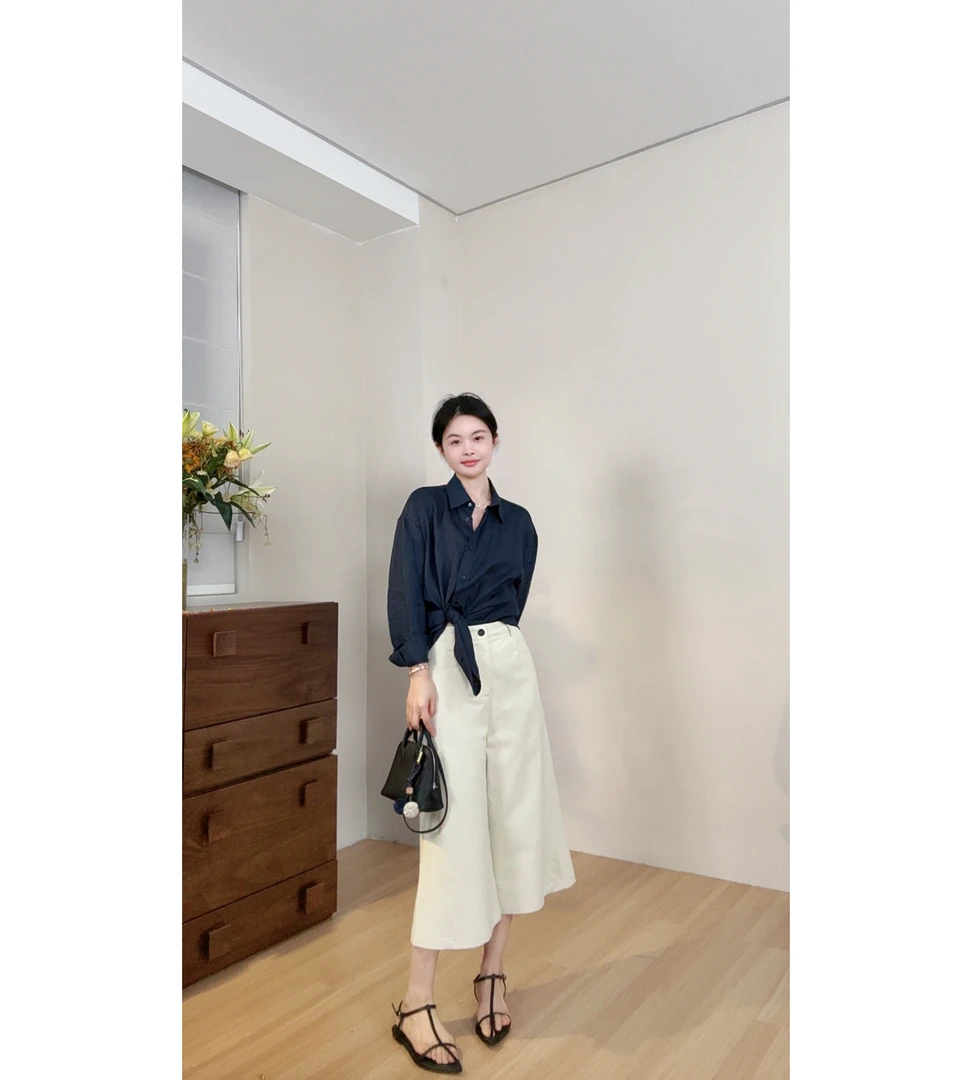 miss muzi“七分糖”100%强捻长绒棉！绵柔筋骨感显瘦七分阔腿裤女