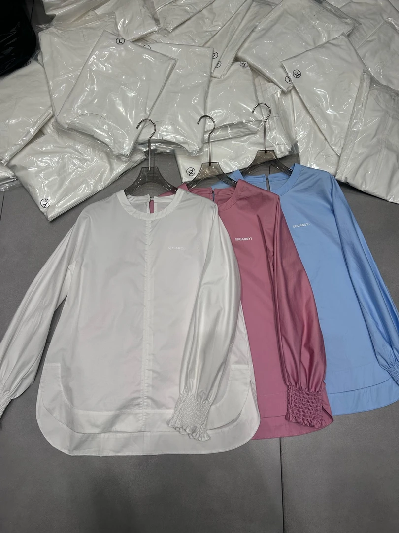 25003褶皱衬衫灯笼袖纯色宽松透气法式百搭圆领衬衫