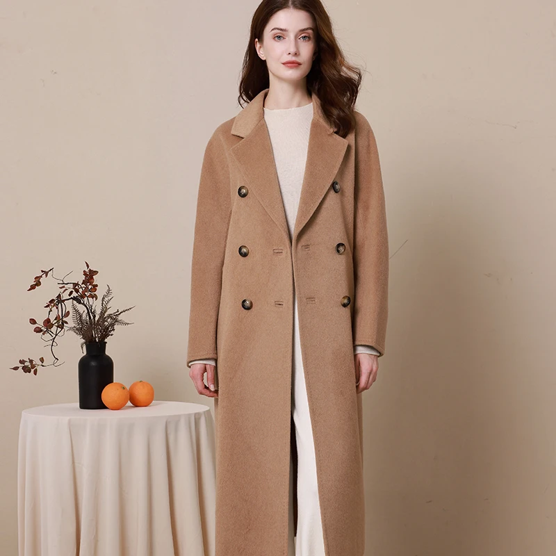 2024秋冬新款双面毛呢100%骆驼绒中长款柔软双排扣驼色大衣外套女