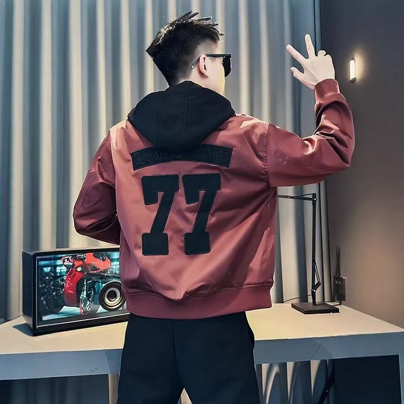 连帽外套男痞帅假两件棒球服男装新品上衣春秋季新款美式刺绣夹克