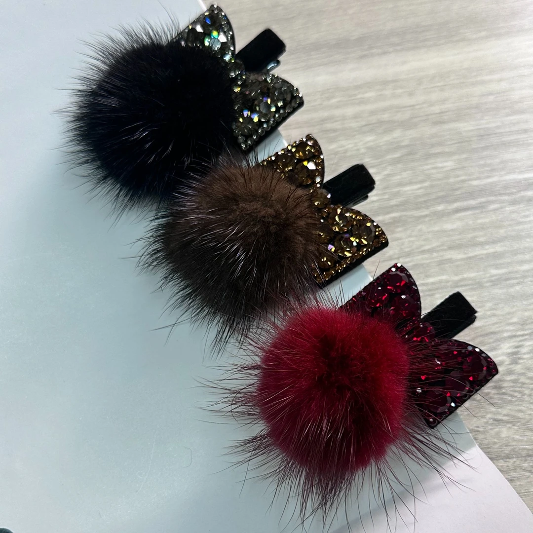 韩国气质秋冬施家水钻水貂毛蝴蝶结边夹 0031