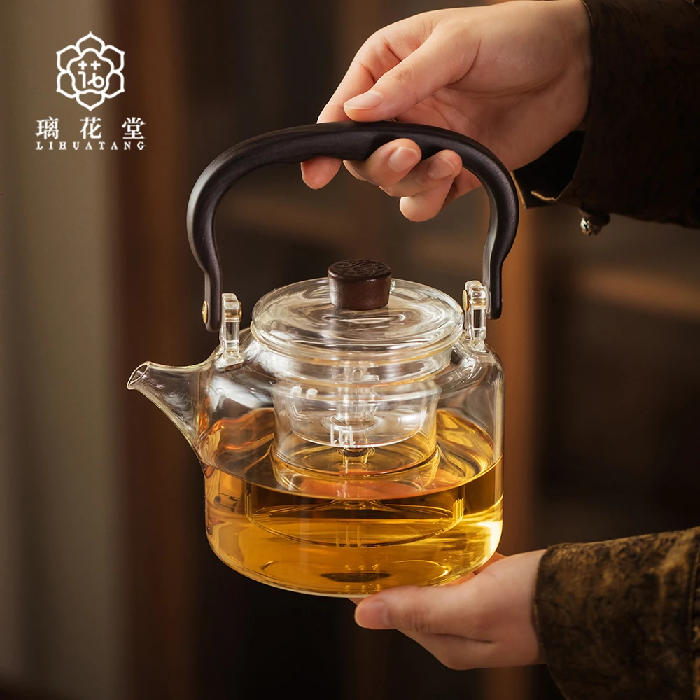 璃花堂1000ml蒸煮一体四代壶福运壶高硼硅耐热玻璃加厚提梁壶