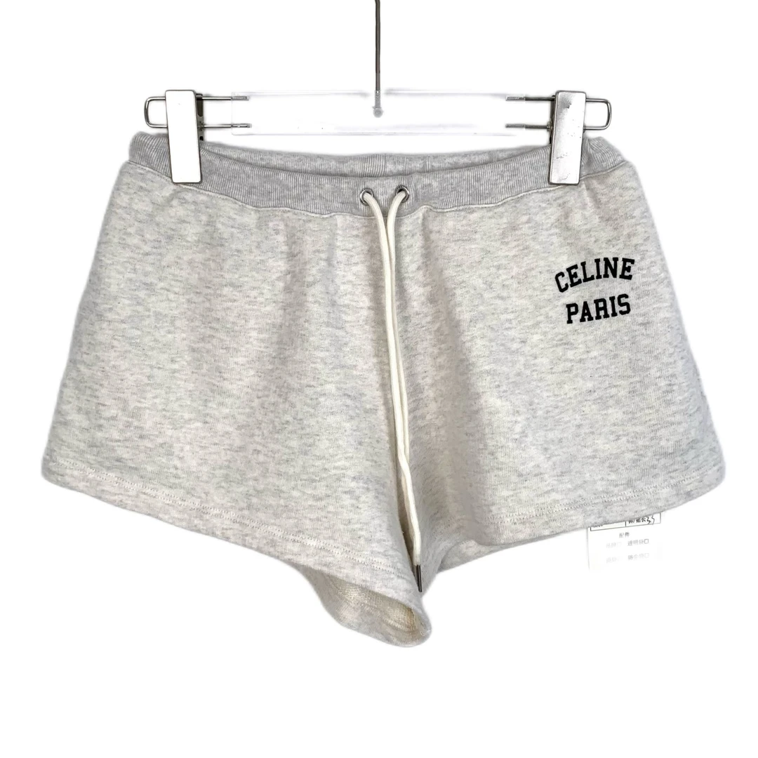 95新 Celine/思琳 H14288  米灰色logo字母印花棉质抽绳休闲短裤