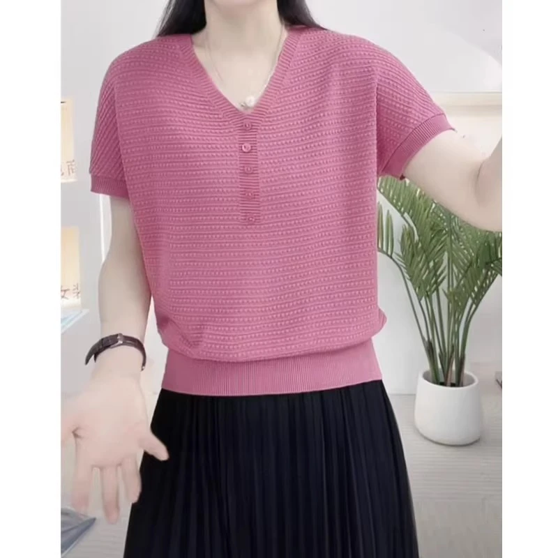 夏季新款蝙蝠袖针织t恤V领女士百搭冰丝短袖宽松洋气减龄上衣薄款