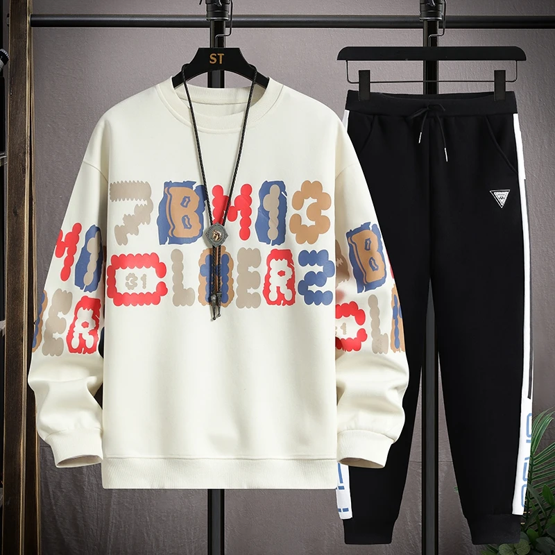 春秋长袖卫衣男士套装2025新款运动整套打底衫印花青少年学生拼色