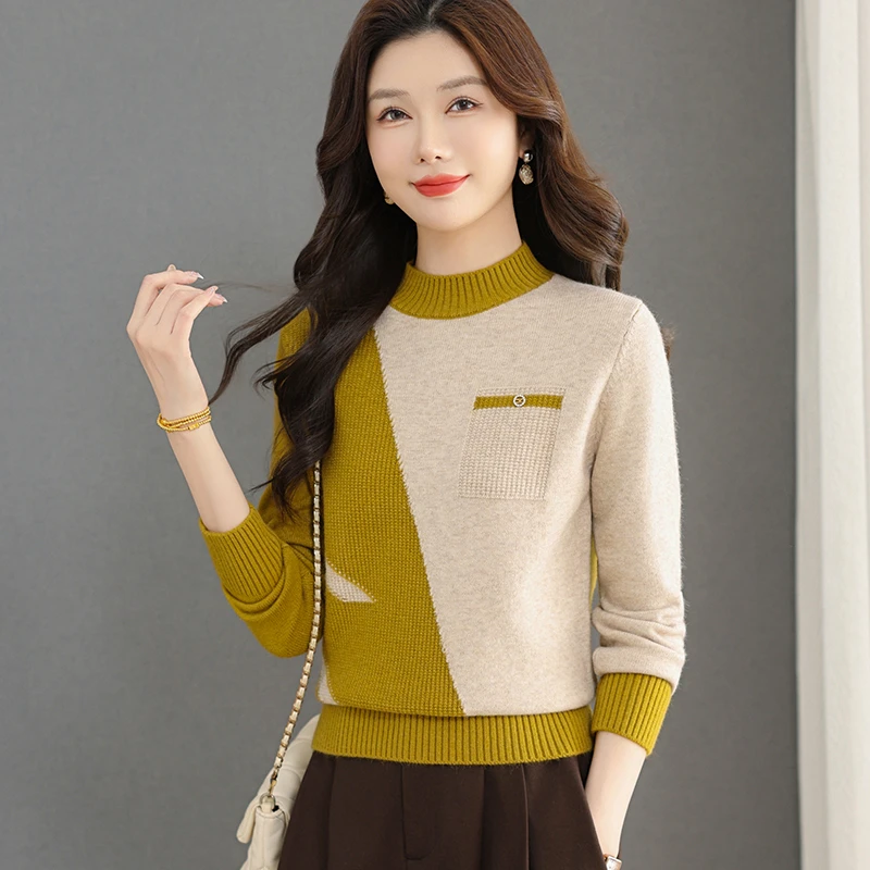 洋气秋冬秋季女拼接高领毛衣针织女装毛针织衫毛衫长袖时尚百搭