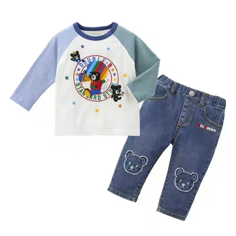 miki日系25春季新款男女童装 男孩DB音乐熊斜肩拼接纯棉长袖T恤