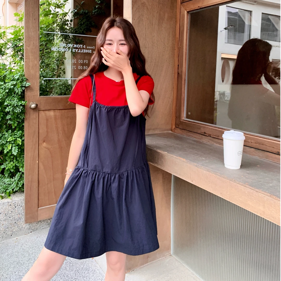 小清新松弛感甜美减龄背带连衣裙套装女2025年夏季新款T恤两件套