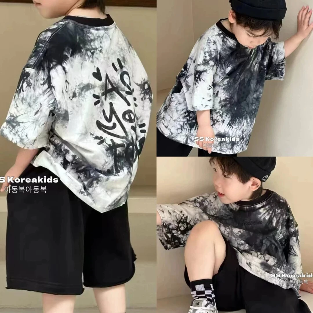 儿童扎染纯棉T恤2025夏季新款帅气百搭男女童短袖上衣半袖衣服潮