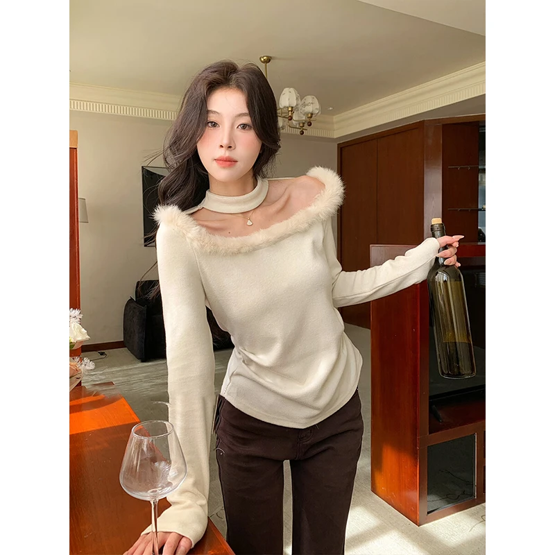 辣妹拼接毛领露肩长袖针织衫女冬季新款高腰垂感休闲阔腿裤26462