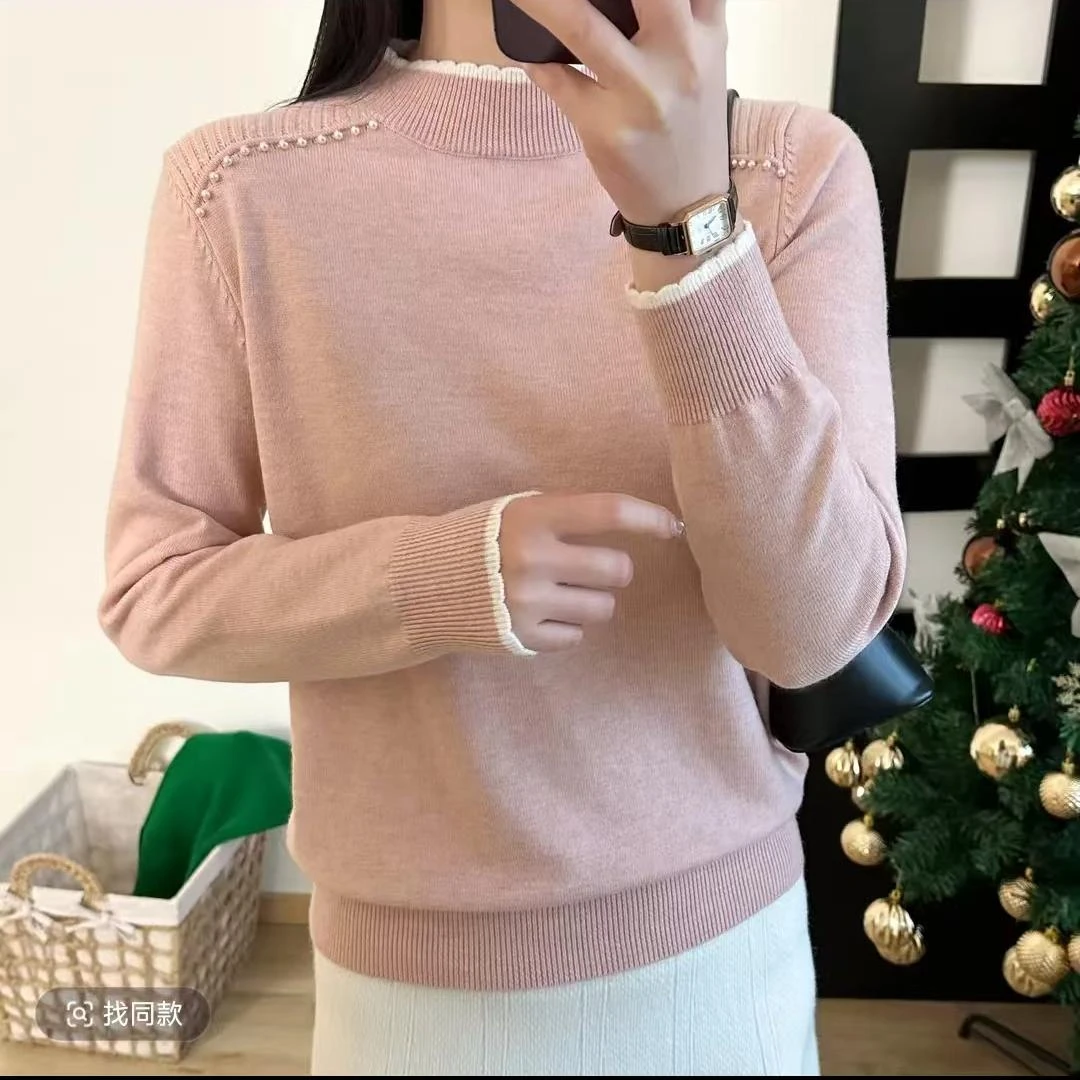 N【钉珠~粉】时尚洋气宽松百搭半高领花边针织衫毛衣