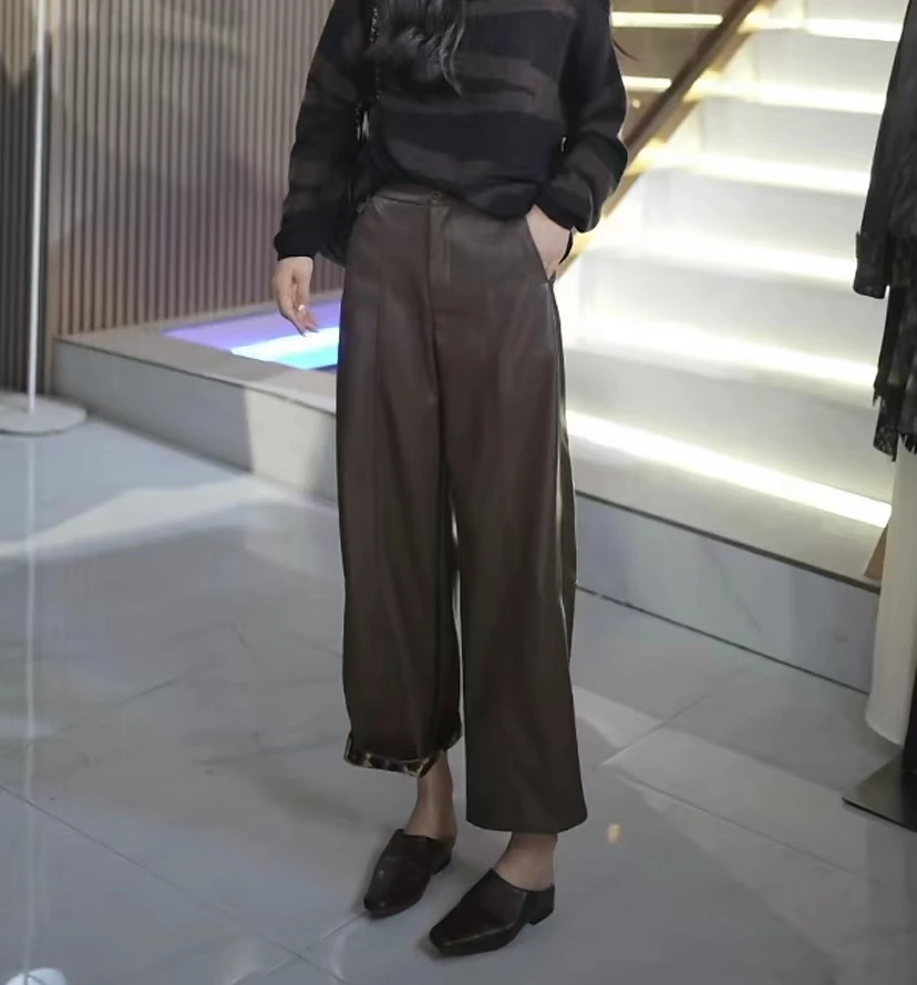 女装气质时尚休闲显瘦百搭女士脚口豹纹翻边香蕉库九分皮裤ML903k