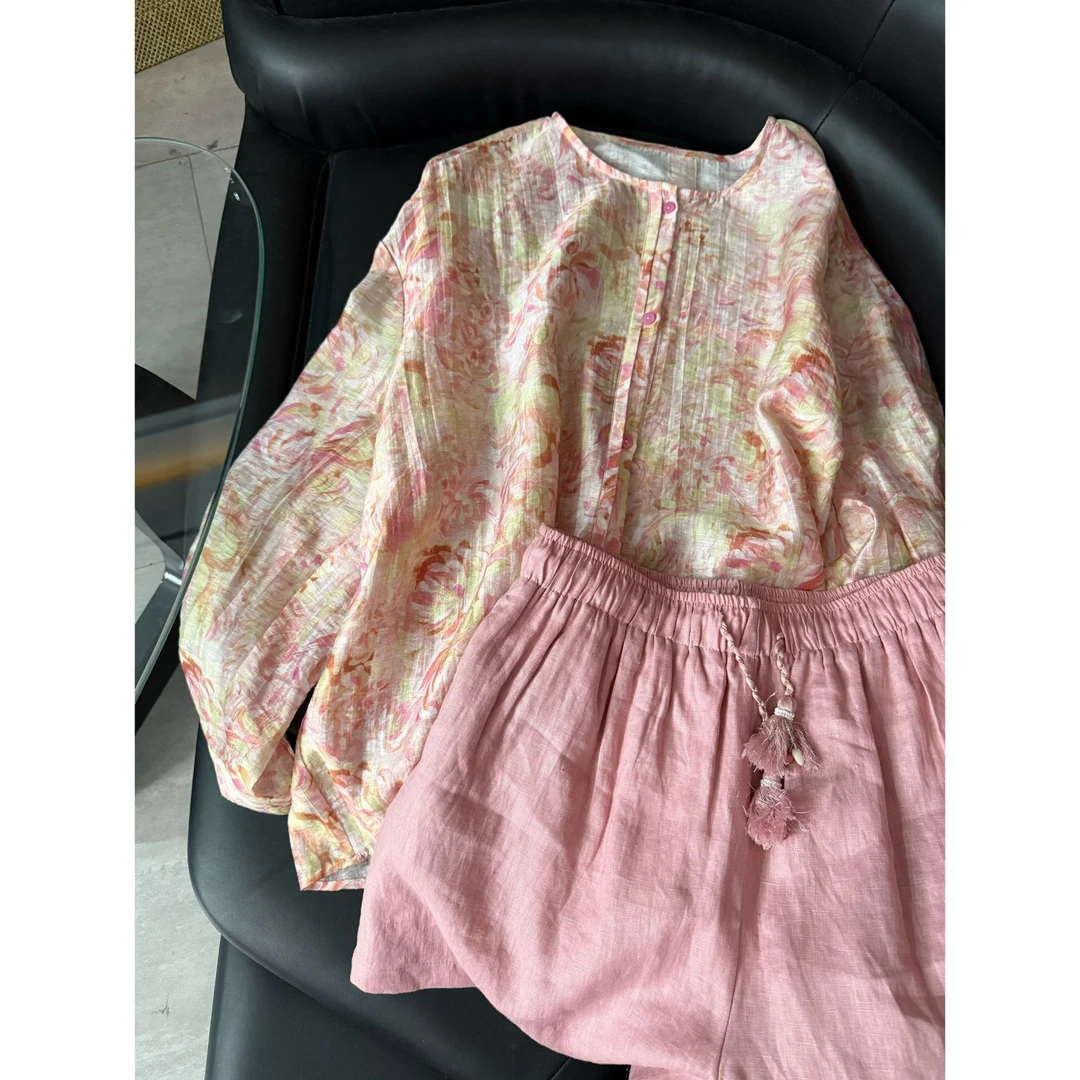 2025夏款新品【粉色印花天丝亚麻短裤+上衣套装】