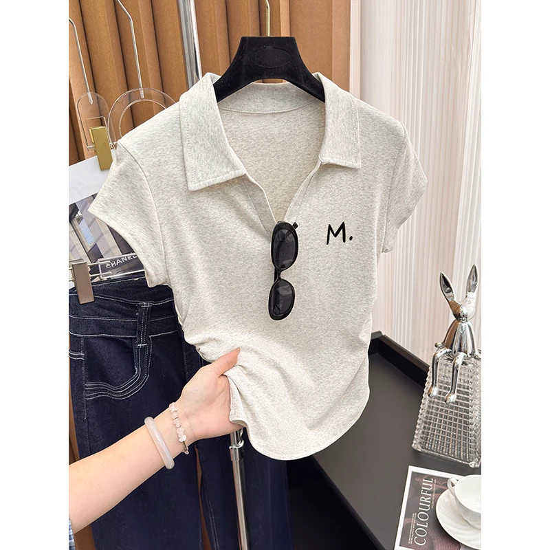 POLO领短袖t恤女2025新款夏季甜辣修身显瘦短款正肩纯棉洋气上衣