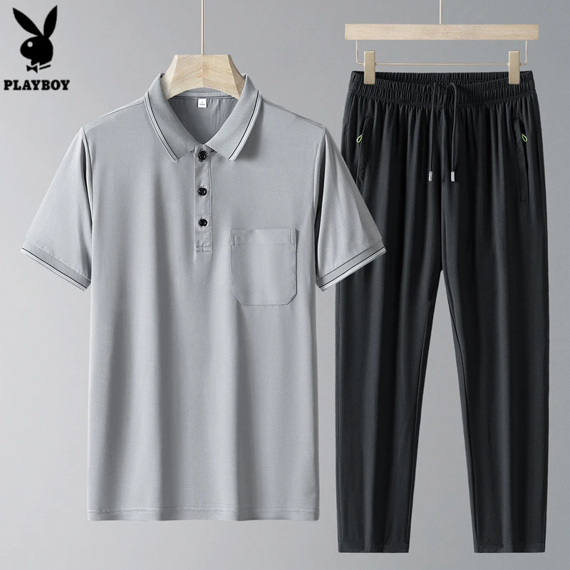 花花公子【冰丝套装】夏日户外短袖POLO衫男速干裤爸爸装夏季A7潮流
