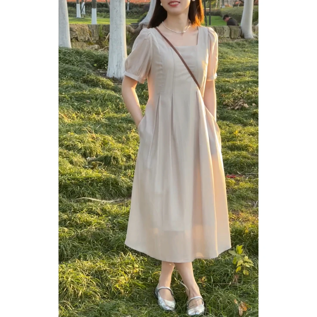 【栀子茶】方领连衣裙