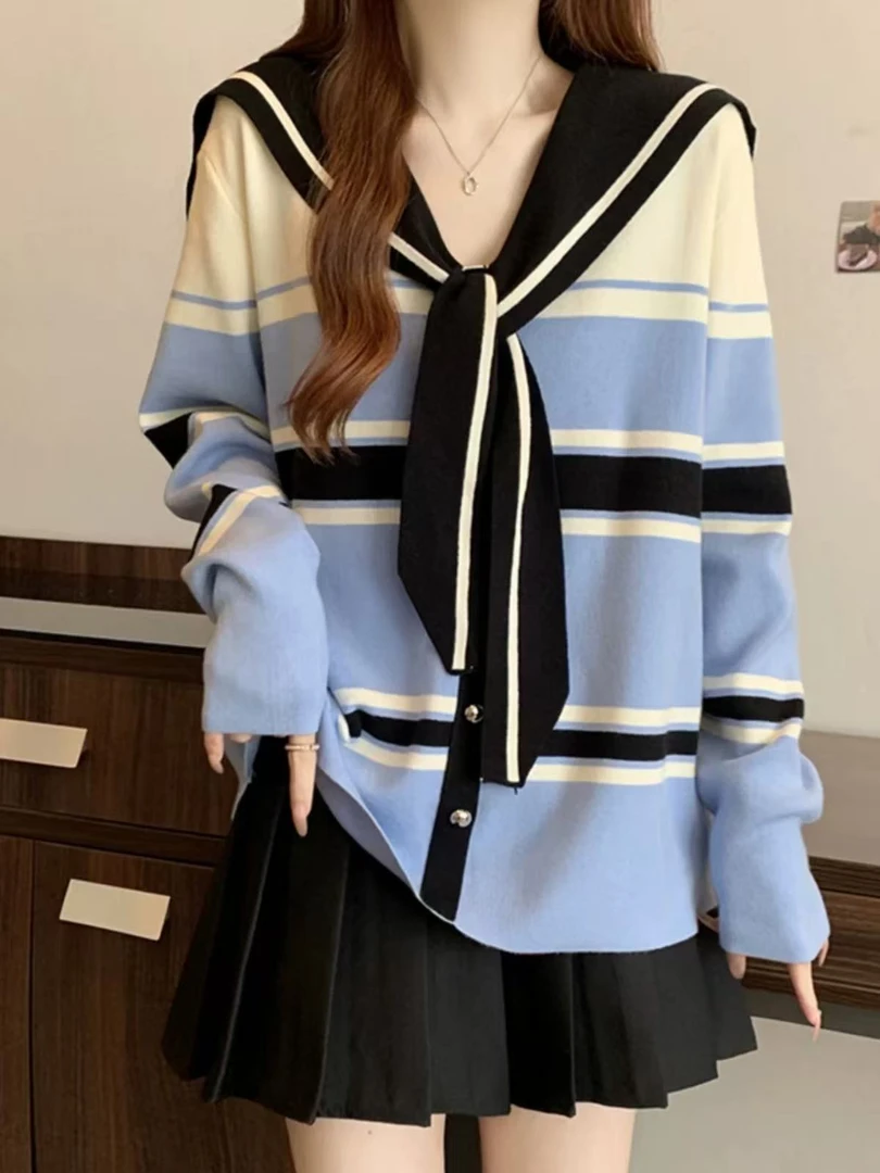 胖MM拼接撞色海军领长袖针织衫宽松显瘦甜美减龄遮肉上衣女H836