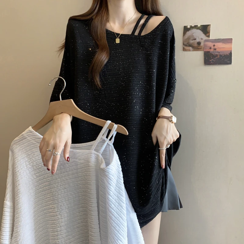 亮闪闪锁骨短袖T恤女夏装大码打底衫胖妹妹显瘦中长款遮屁股上衣