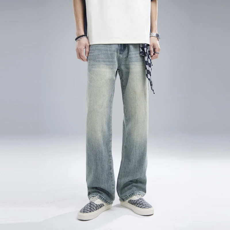2025春季新款美式高街宽松直筒牛仔裤男士复古水洗做旧长裤