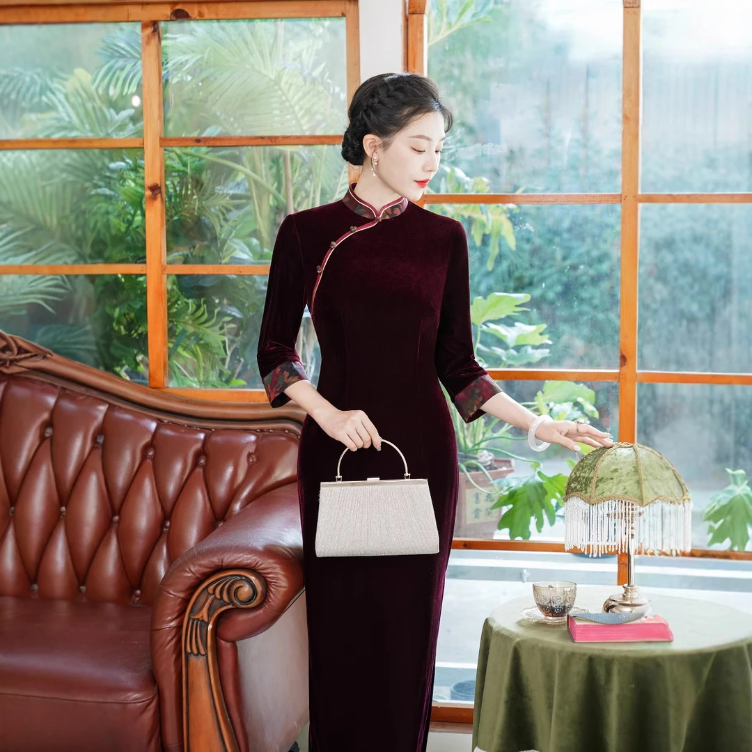 春秋装七分袖2025新款长款拼接时尚旗袍连衣裙