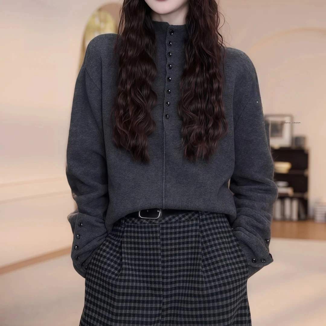 今年流行格雷系穿搭两件套装高领保暖休闲长袖针织女简约格纹长裤