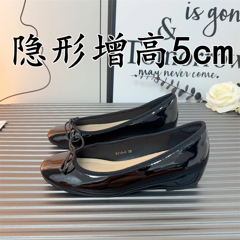 羊皮版~内增高6cm浅口平底单鞋女法式漆皮蝴蝶结温柔舒适芭蕾舞鞋