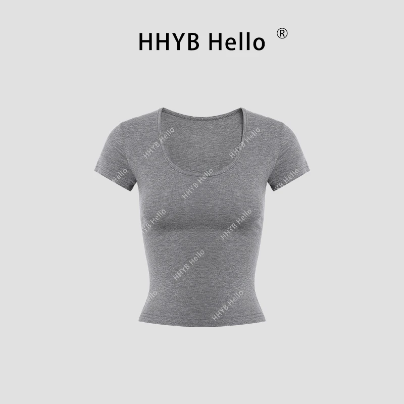 HHYB Hello百搭圆领修身U领正肩T恤2025年春夏新款休闲上衣250193
