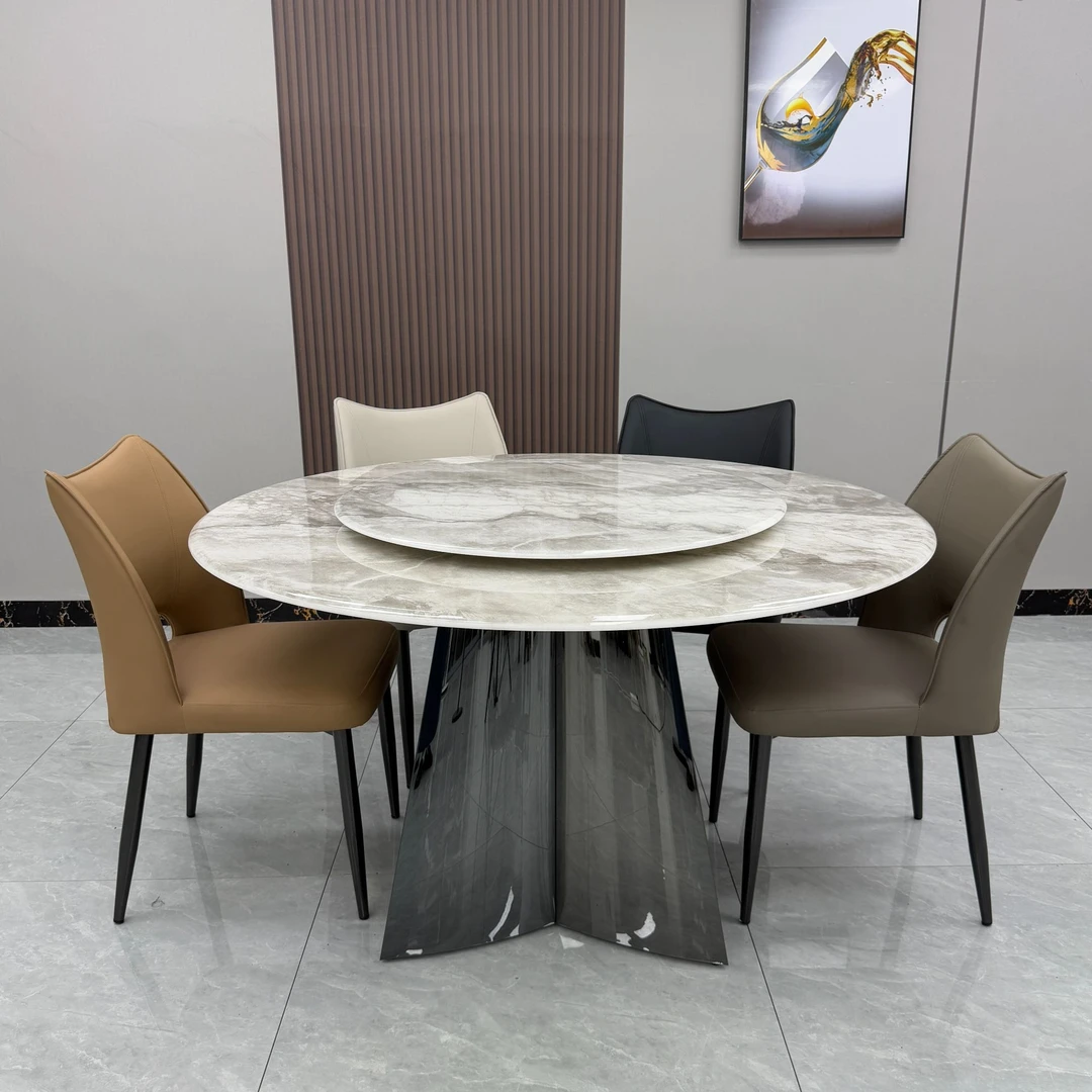 超晶石大理石圆餐桌家用轻奢高级天然微晶石饭桌圆形别墅家用饭桌