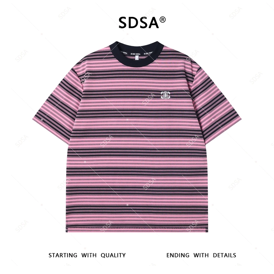 夏季高级感新款男士潮牌撞色条纹刺绣短袖T恤宽松潮流百搭上衣