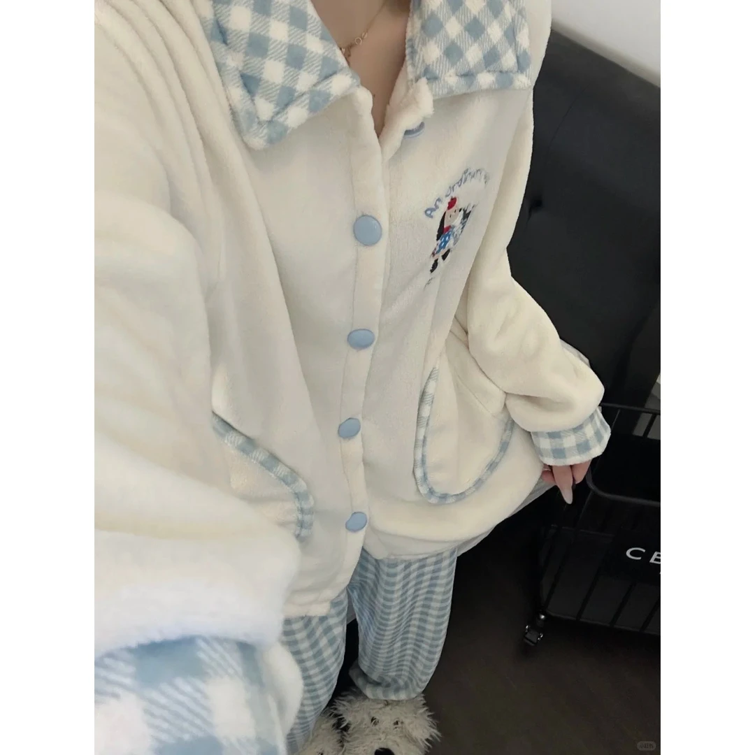 韩版甜美可爱小狗开衫珊瑚绒冬季新款加绒睡衣女休闲家居服套装