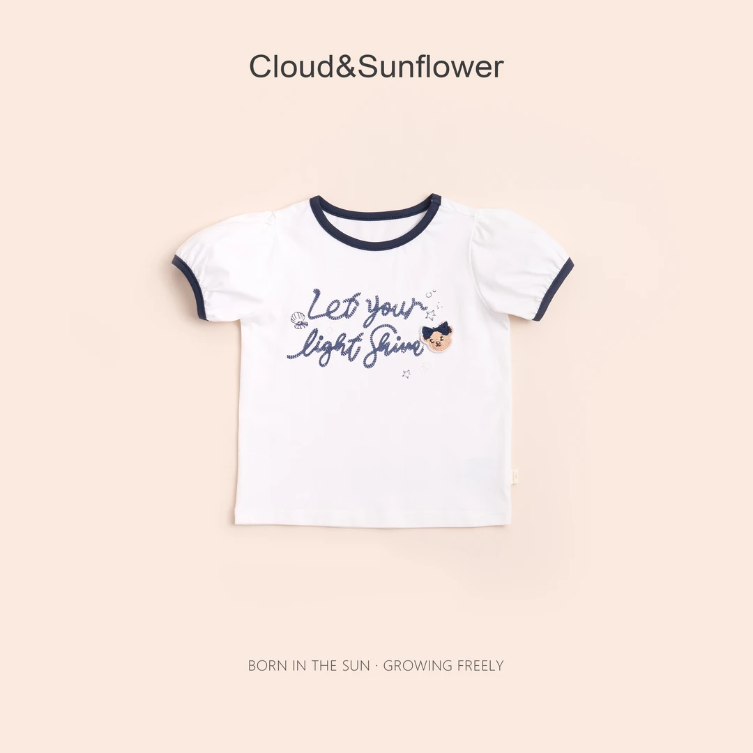 【云朵小葵】女童夏季小熊英文刺绣泡泡袖百搭T恤1114120