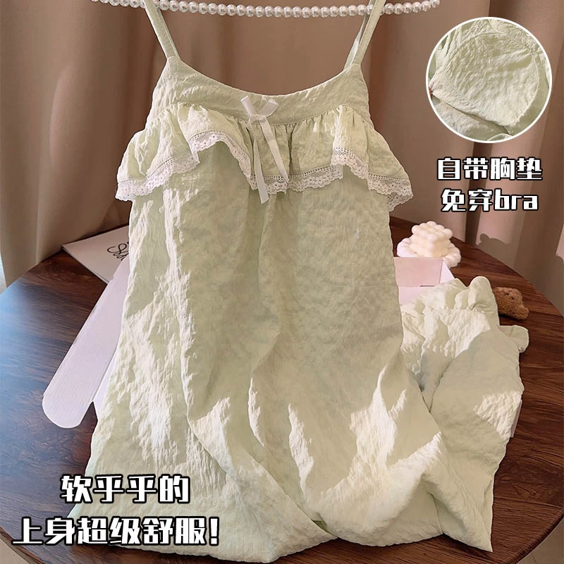 带胸垫睡衣女夏季新款吊带云朵棉甜美花边中长款睡衣裙子家居服