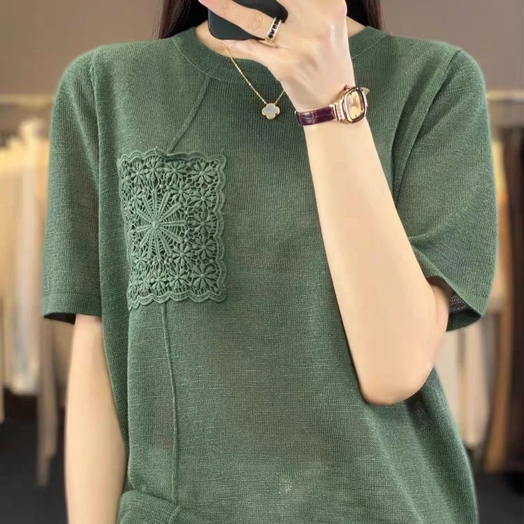 竹节麻圆领正肩短袖针织衫夏季透气