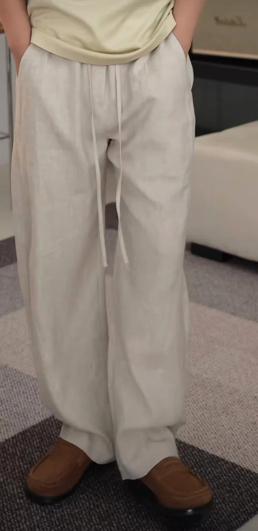 2025夏季新款天丝雨露麻小弯刀时尚抽绳松紧腰头垂感百搭休闲裤