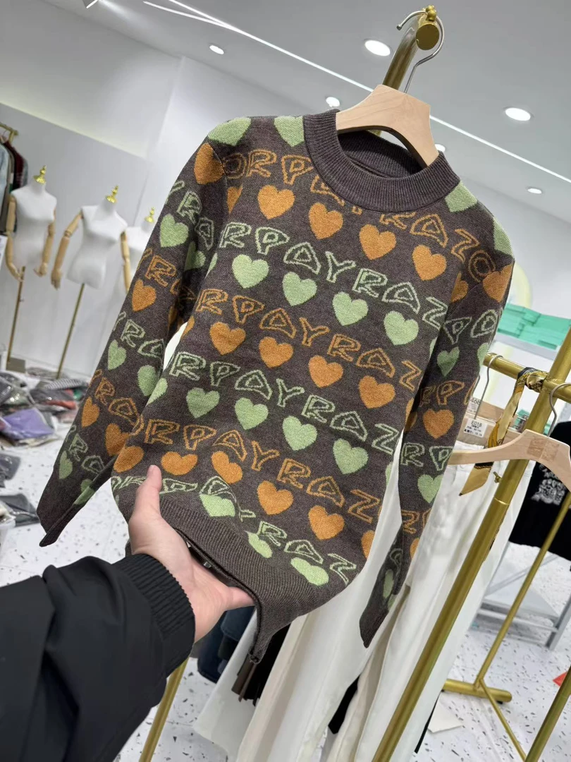 爱心毛衣 毛针织衫秋季拼接长袖套头打底衫印花圆领上衣