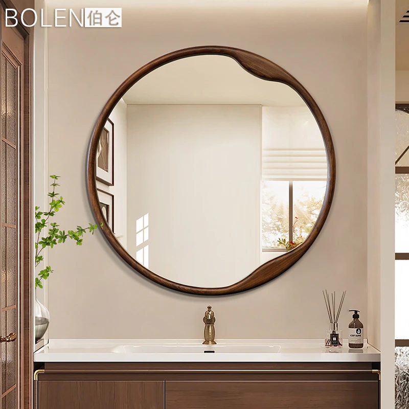 BOLEN 实木圆形镜中古风浴室镜装饰镜梳妆台化妆镜洗漱台卫生间镜