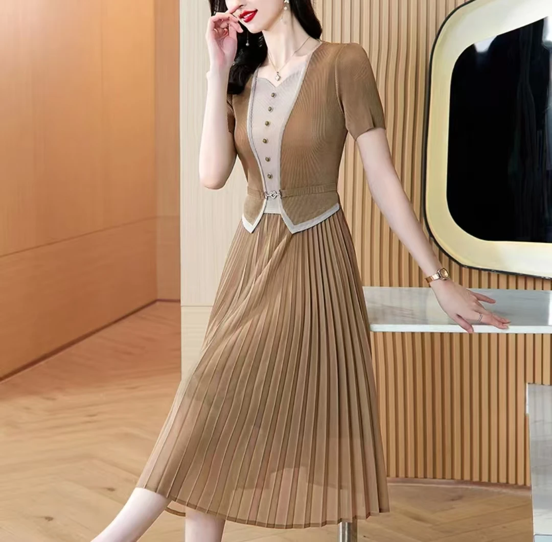 【憬衣】夏季三宅褶皱拼接收腰显瘦连衣裙时尚百搭气质百褶裙假两件