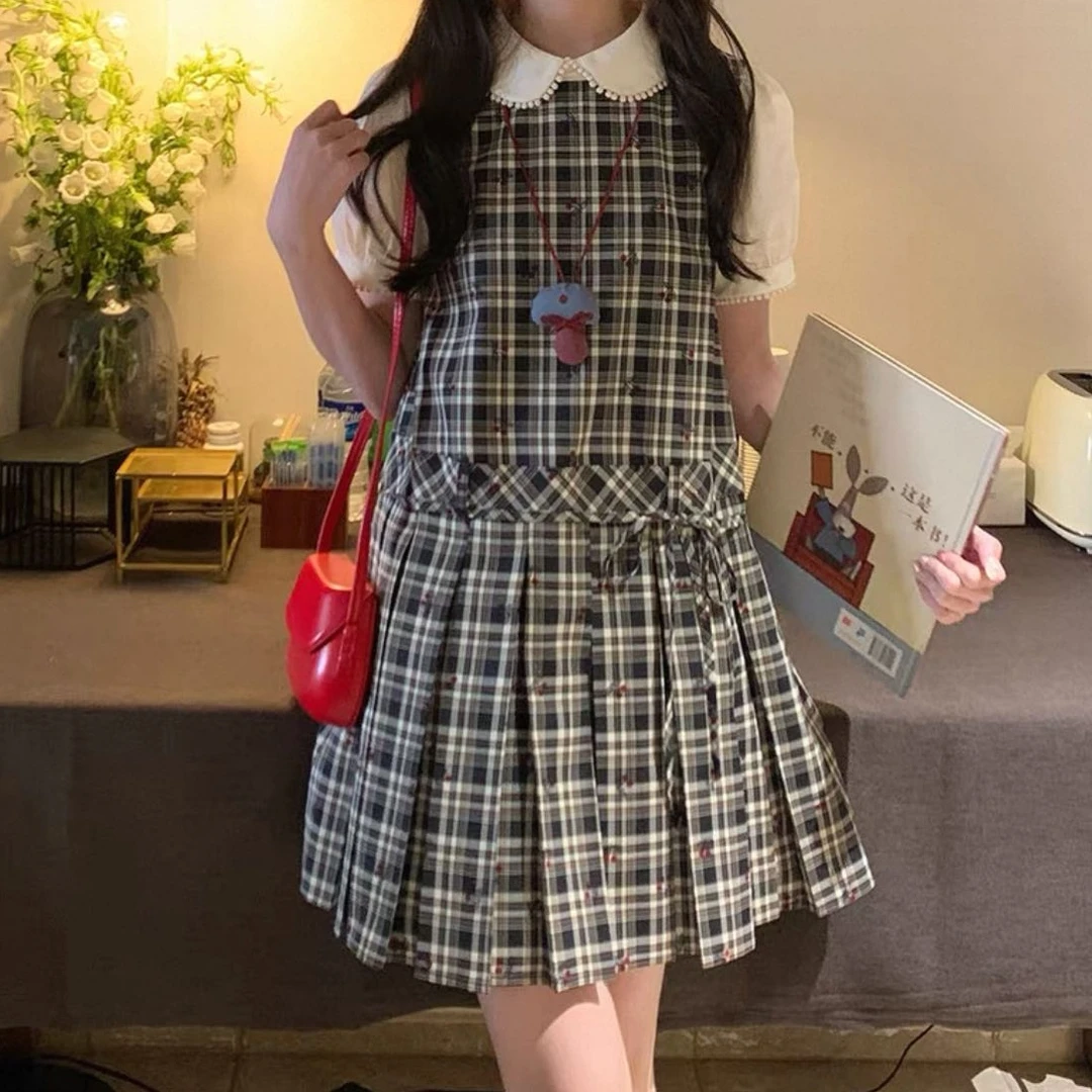 88109复古学院风假两件女大童短袖连衣裙夏季格子拼接中长裙子