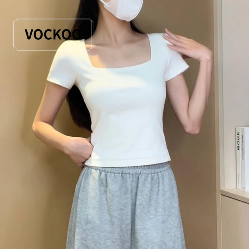 VOCKOO白色方领短袖t恤女夏季新款修身低领半袖体恤法式短款黑色