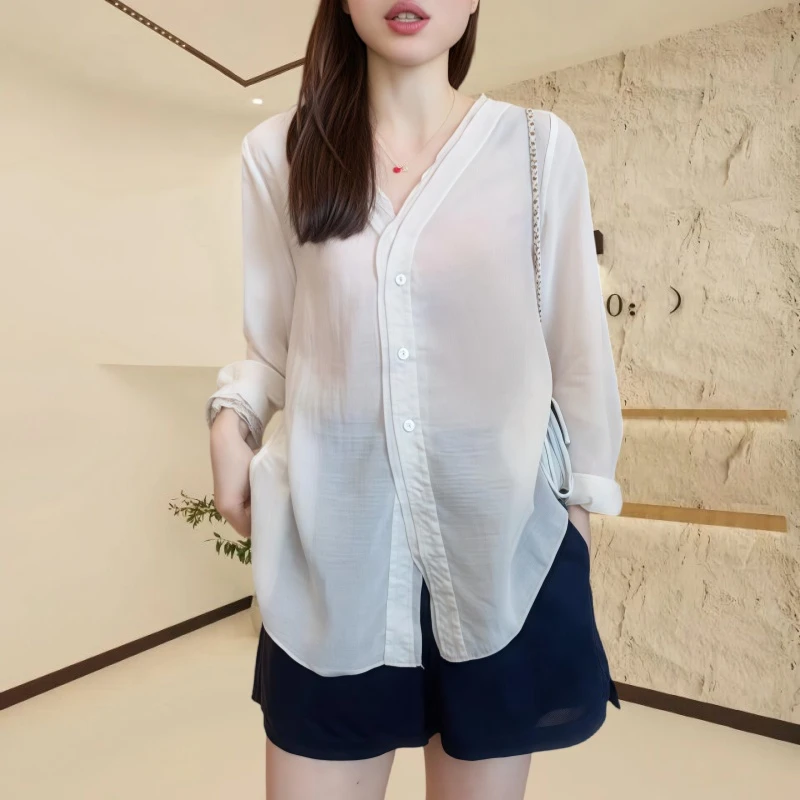 2025新款韩系简约夏季双层花边微透宽松长袖衬衫防晒衫女装上衣