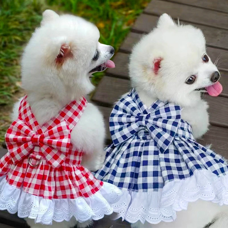 宠物狗狗猫咪用品格子裙子胸背带可挂牵引外出泰迪比熊法斗衣服