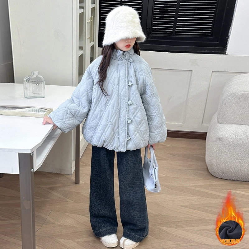女童加绒外套秋冬装2025新款女大童冬季加厚棉服儿童一体绒牛仔裤