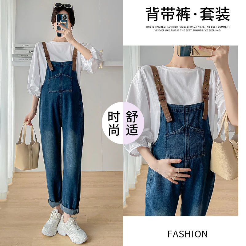 孕妇装多口袋腰侧松紧可调节牛仔背带裤+时尚上衣套装两件套