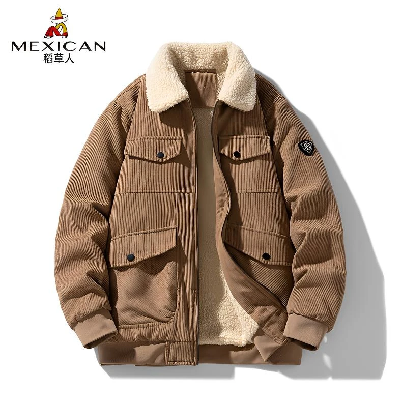 稻草人男士灯芯绒加绒夹克冬季翻领加厚羊羔绒保暖中老年棉服外套